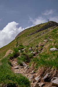 Low angle view of trail on field against sky