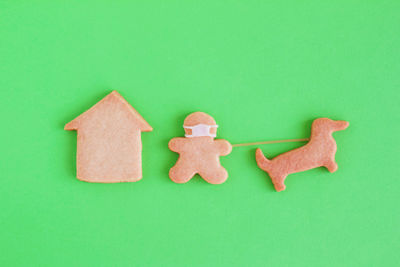 High angle view of cookies on green table