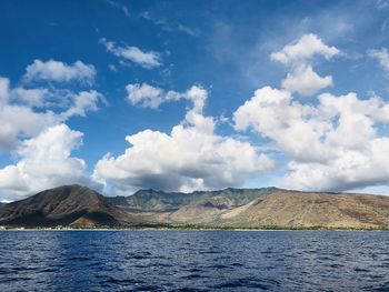 Scenic view of sea and mountains against sky