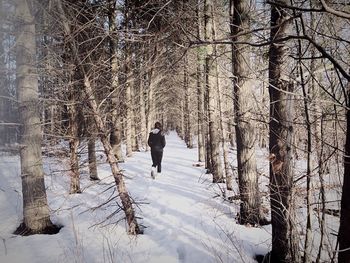 Rear view of woman walking on snow amidst bare trees in forest