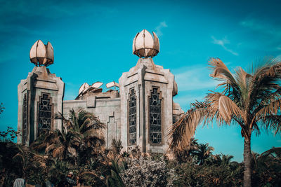 Low angle view of palm trees and buildings against sky