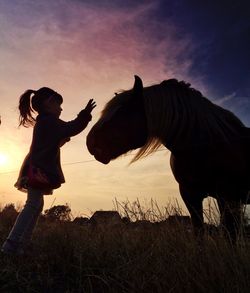 Low angle view of girl standing by horse on grassy field against sky during sunset