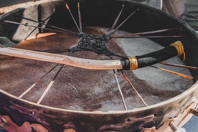 High angle view of rusty wheel