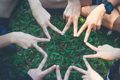 High angle view of hands