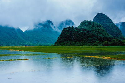 Scenic view of lake and mountains against sky