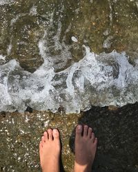 Low section of man standing in water