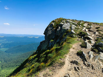 Scenic view of mountain against blue sky
