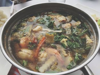 High angle view of soup in bowl