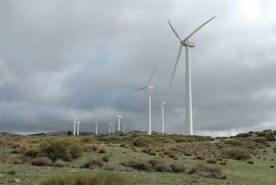 Wind turbines on field against sky