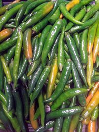 Full frame shot of green chili peppers for sale