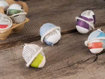 High angle view of multi colored ball on table