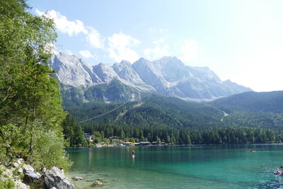 Scenic view of lake and mountains against sky