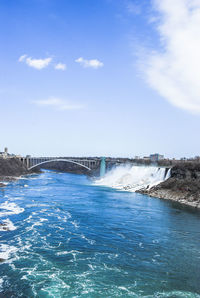 Scenic view of river against blue sky