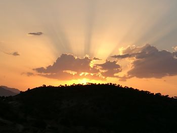 Silhouette birds flying against sky during sunset