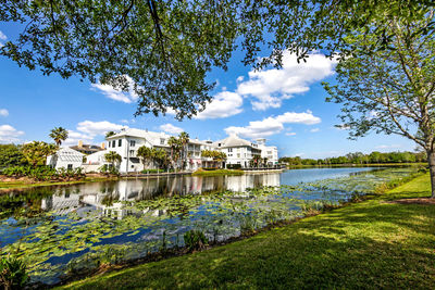 Scenic view of lake by building against sky
