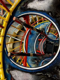 Close-up of old wheel against wall