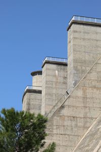 Low angle view of building against clear blue sky