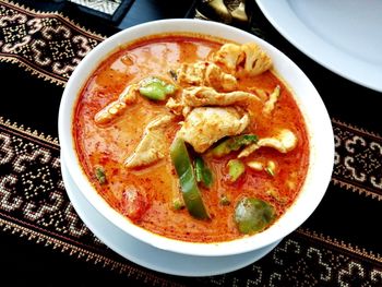 High angle view of soup in bowl on table