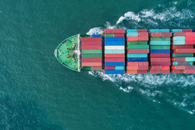 High angle view of ship on sea shore