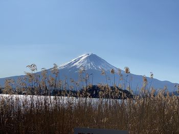 Scenic view of snowcapped mountains against clear sky