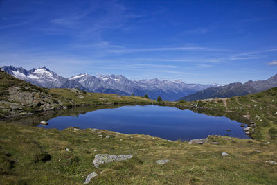 Scenic view of lake and mountains against blue sky