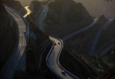 High angle view of cars on mountain roads