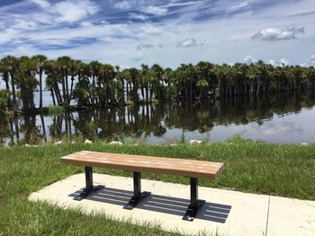 Empty bench on grassy field