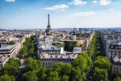 Eiffel tower viewed from top of arc de triomphe. famous landmark in paris, france.