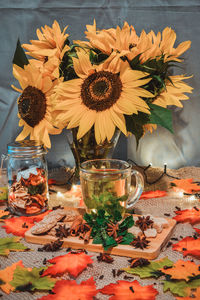 Close-up of sunflowers on table