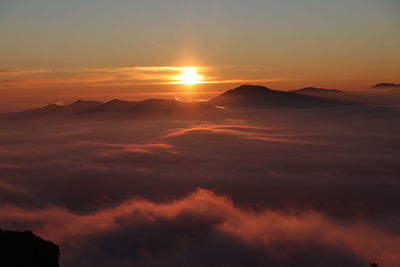 Sunset in the mountains over sea of clouds