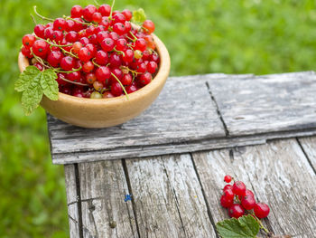 High angle view of red currents in bowl on table