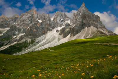 Panoramic view of view of majestic massif of pale di san martino, passo rolle, italian dolomites