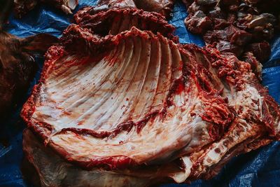 High angle view of meat for sale in market