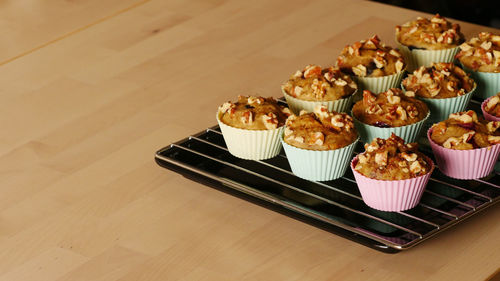 High angle view of cupcakes on table