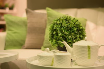 Close-up of tea set on table