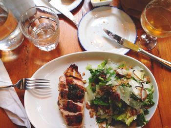 Close-up of food served on table