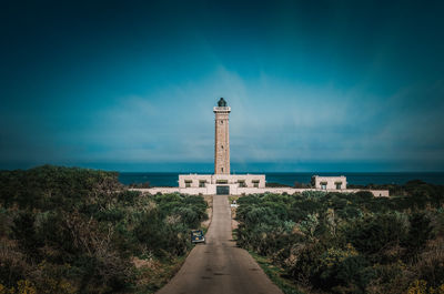 Lighthouse amidst plants and buildings against sky