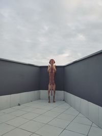 Rear view of woman standing by swimming pool against sky