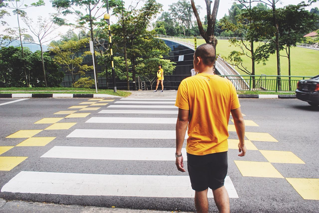 rear view, tree, lifestyles, street, casual clothing, full length, transportation, walking, road, leisure activity, sidewalk, standing, the way forward, city, men, city life, person