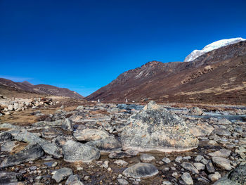 Scenic view of rocky mountains against clear blue sky