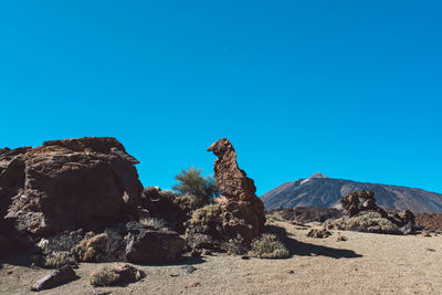 Rock formations against clear blue sky