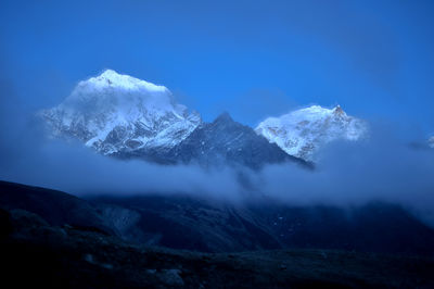 Scenic view of snow covered mountains