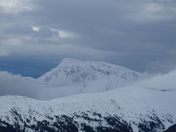 Scenic view of snow covered mountains against sky