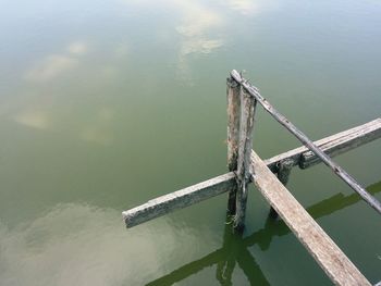 High angle view of metallic structure in lake