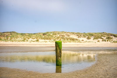 Scenic view of wooden post in lake against sky