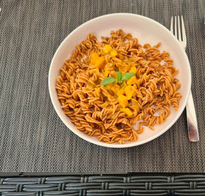 High angle view of breakfast served on table