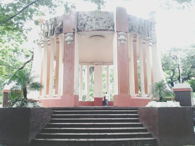 architecture, built structure, building exterior, tree, steps, low angle view, architectural column, railing, entrance, staircase, steps and staircases, day, column, sunlight, sky, gate, outdoors, no people, history, growth