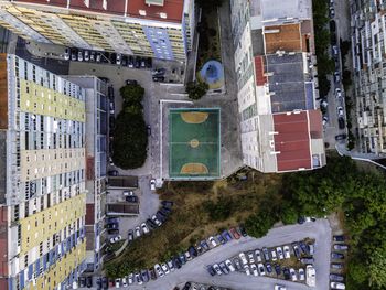 High angle view of street amidst buildings in city