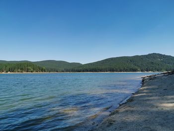 Scenic view of lake against clear blue sky