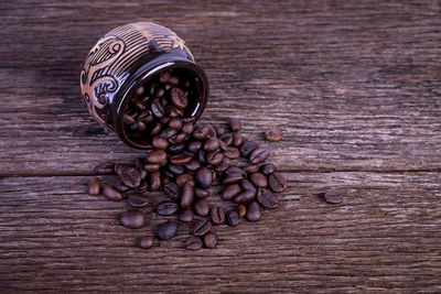 High angle view of coffee beans on table